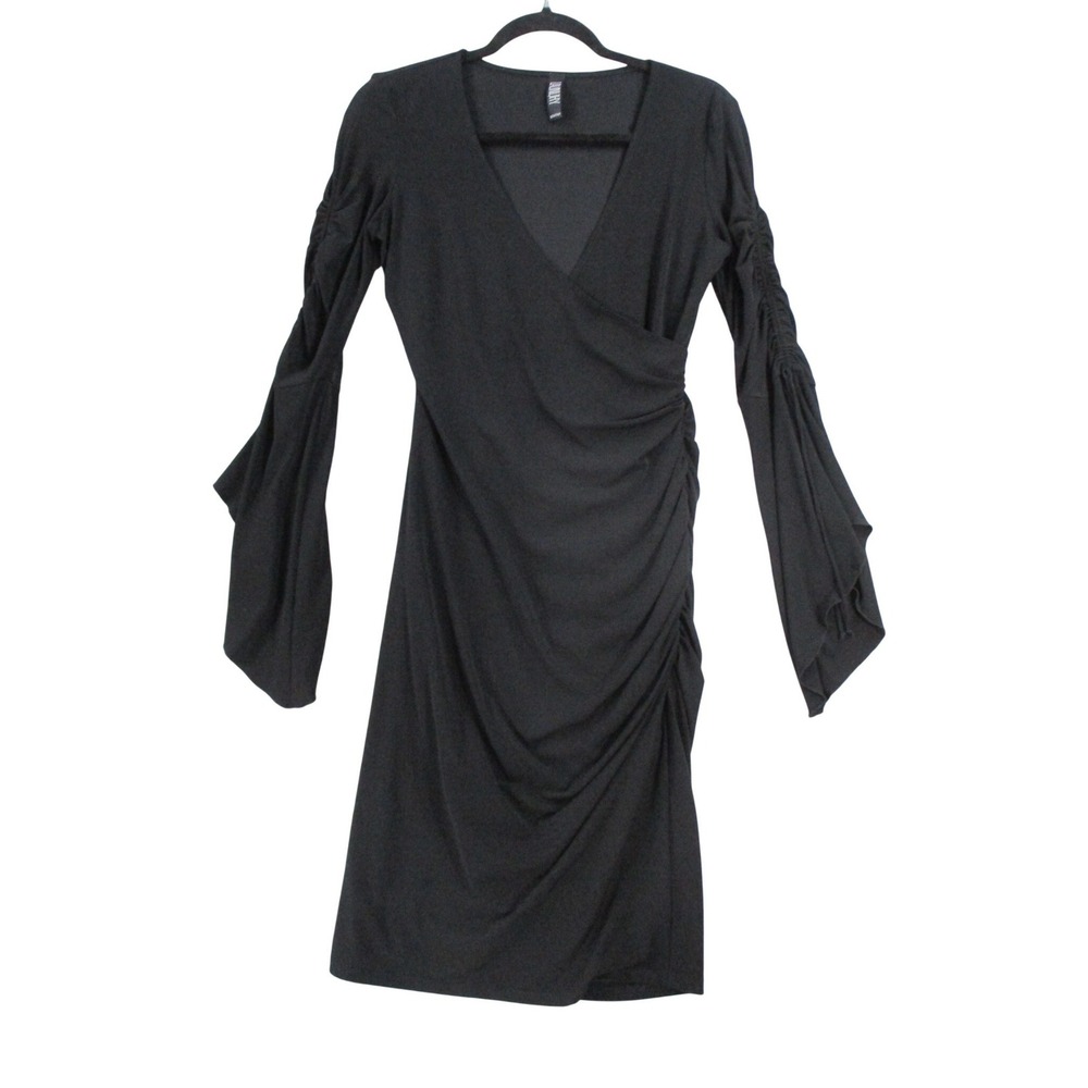 Laundry by Shelli Segal Black Ruched Wrap Whichy Goth Midi Dress Long Sleeve 4
